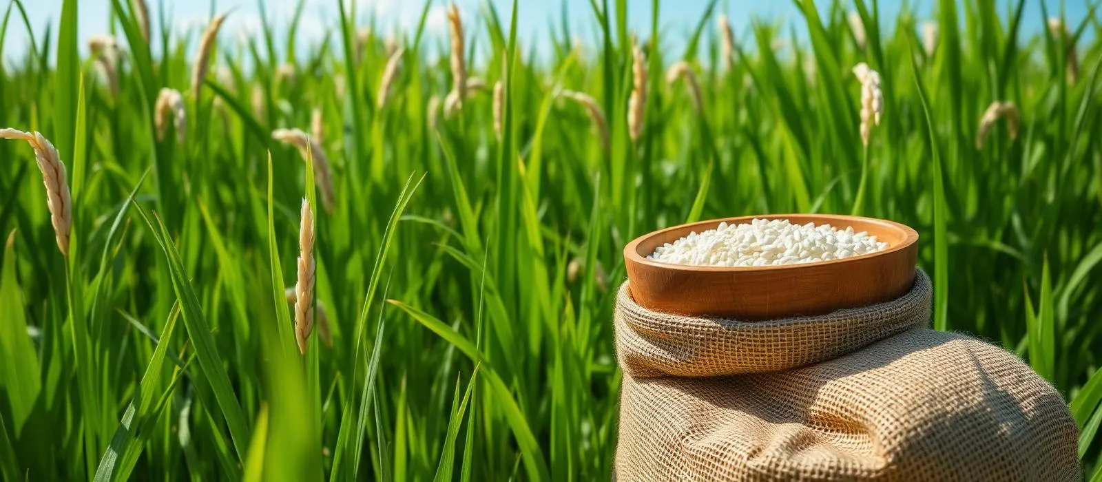 A bowl of white rice resting on a sack in a green rice field